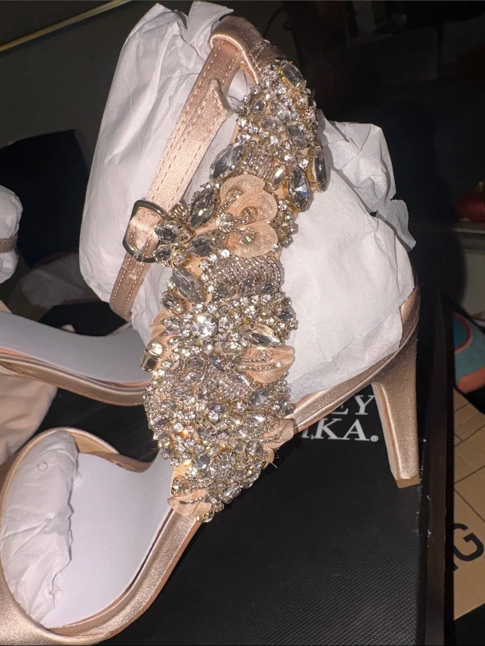 Badgley Mischka Rose Gold Crystal-Embellished Ankle-Strap Heels